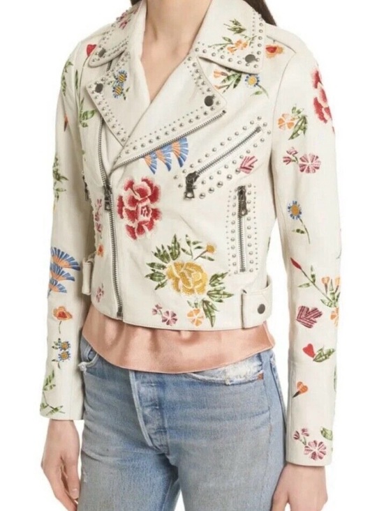 Alice + Olivia Jackets & Blazers - NWT Alice + Olivia White Embroidered Floral Leather Moto Jacket